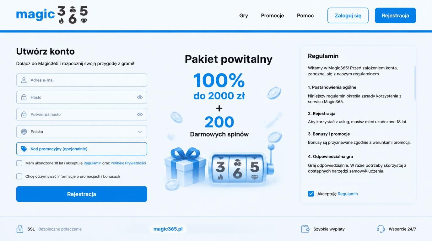 Alt: formularz rejestracyjny z kodem promocyjnym i zabezpieczeniem SSL.