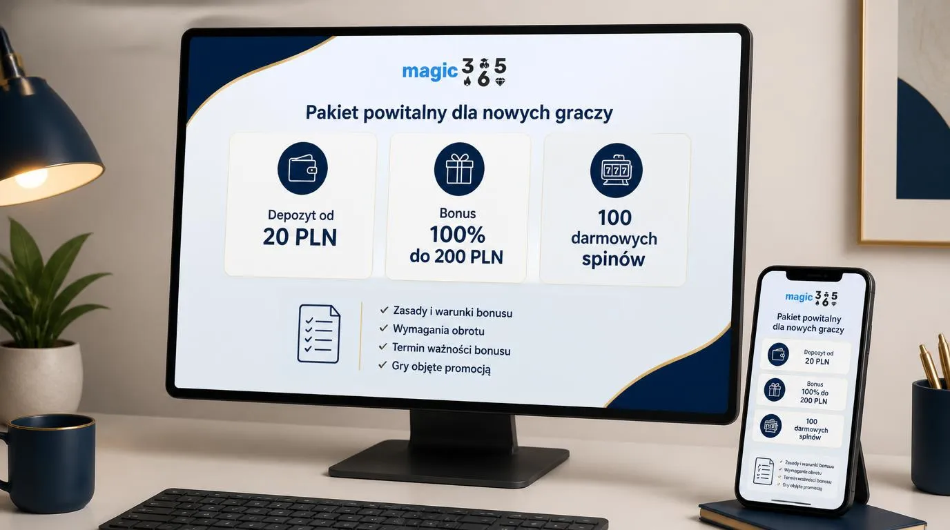 Panel bonusu powitalnego z depozytem 20 PLN, bonusem 100% do 200 PLN i pakietem 100 darmowych spinów