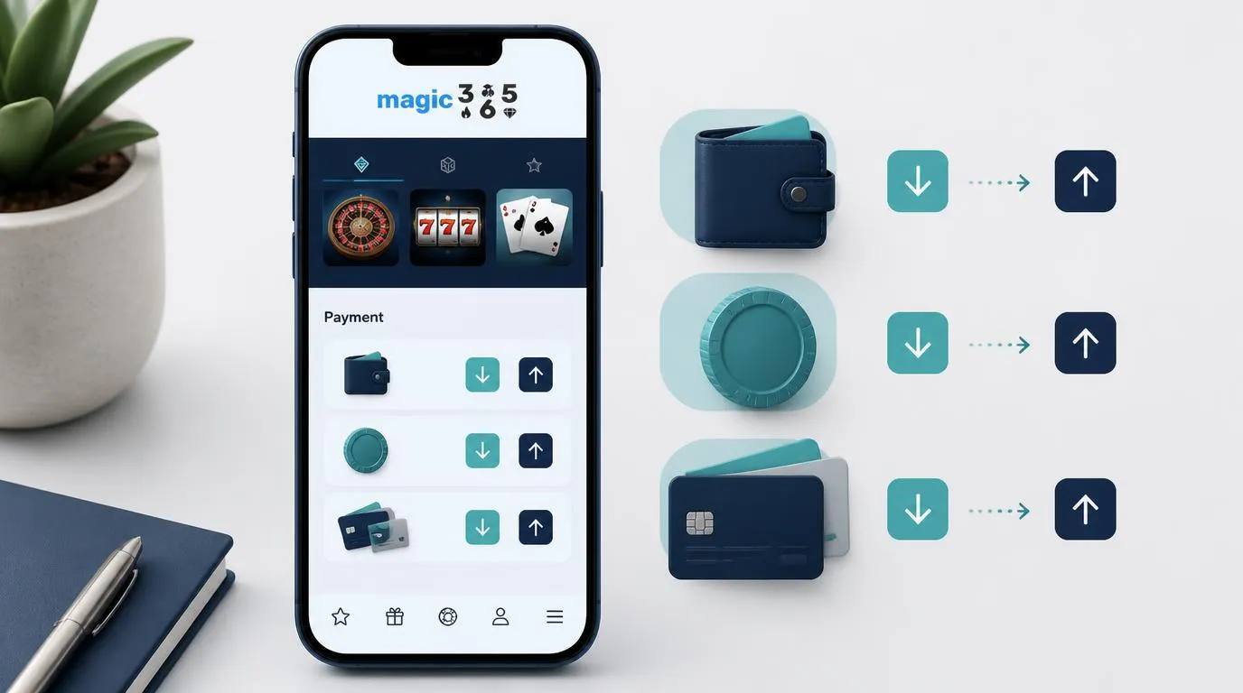 Smartfon z interfejsem kasyna oraz ikonami portfela elektronicznego, kryptowalut i lokalnych płatności