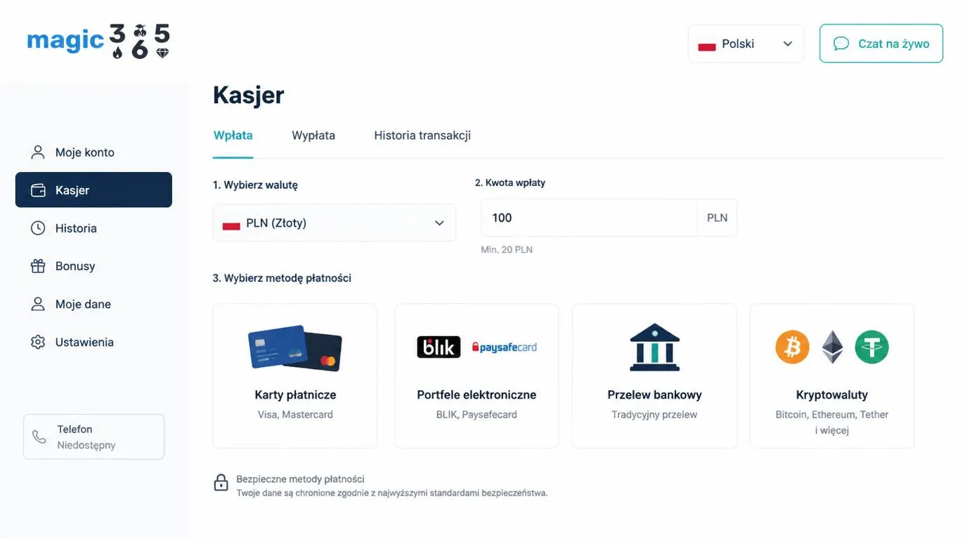 Panel kasy w języku polskim z walutą PLN, metodami płatności i przyciskiem czatu na żywo